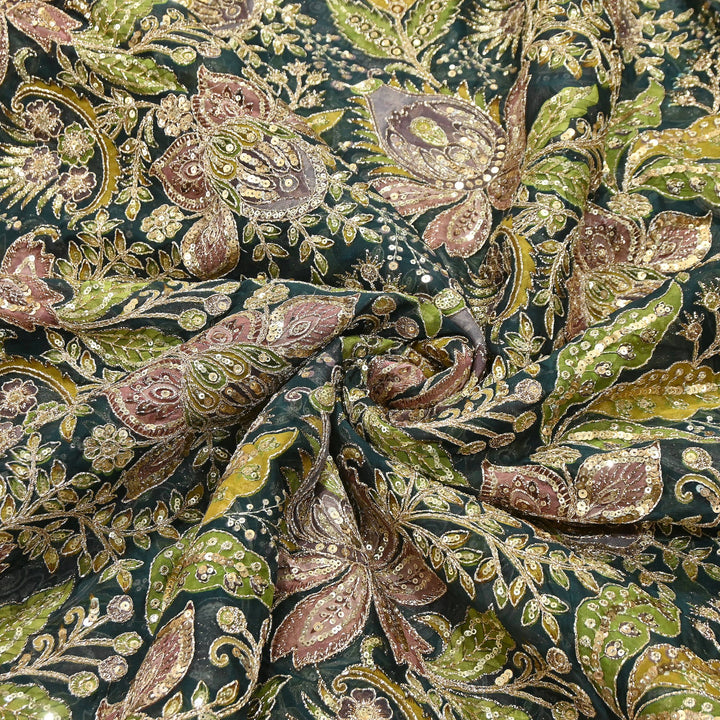 Dyed Viscose Organza Positional Print with Zari & Sequin Embroidery Fabric | V3670C-1