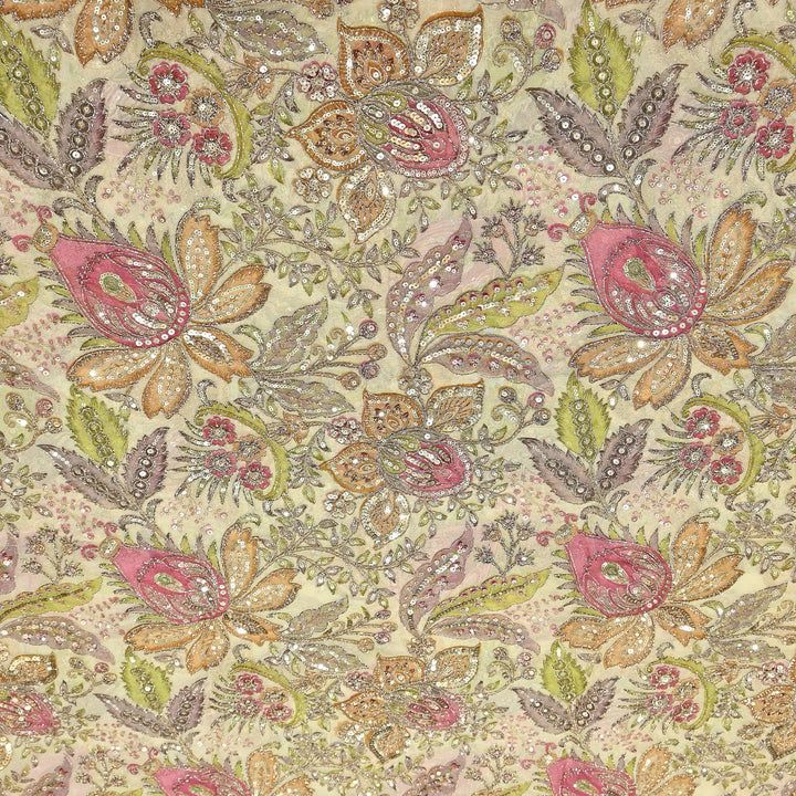 Dyed Viscose Organza Positional Print with Zari & Sequin Embroidery Fabric | V3670C-2