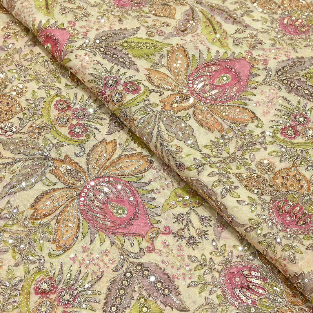 Dyed Viscose Organza Positional Print with Zari & Sequin Embroidery Fabric | V3670C-2