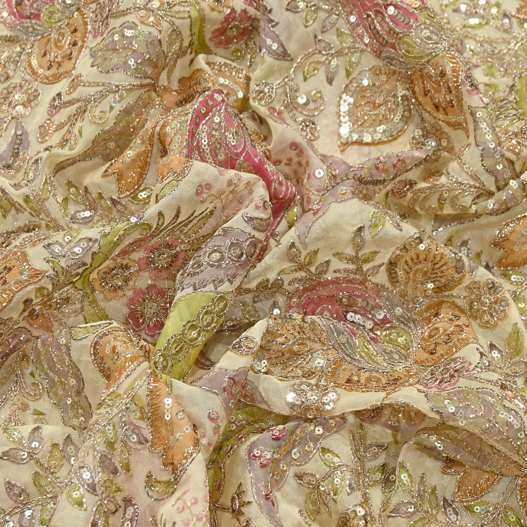 Dyed Viscose Organza Positional Print with Zari & Sequin Embroidery Fabric | V3670C-2
