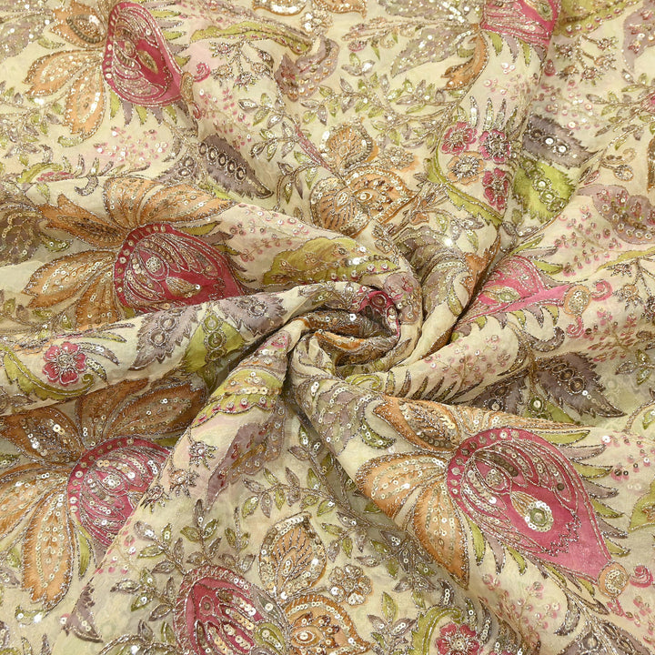 Dyed Viscose Organza Positional Print with Zari & Sequin Embroidery Fabric | V3670C-2