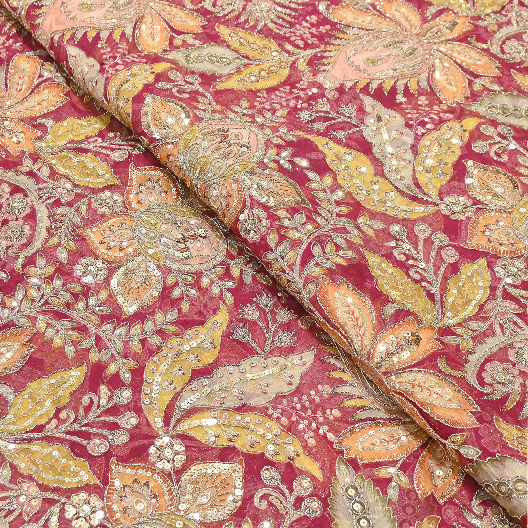 Dyed Viscose Organza Positional Print with Zari & Sequin Embroidery Fabric | V3670C-3