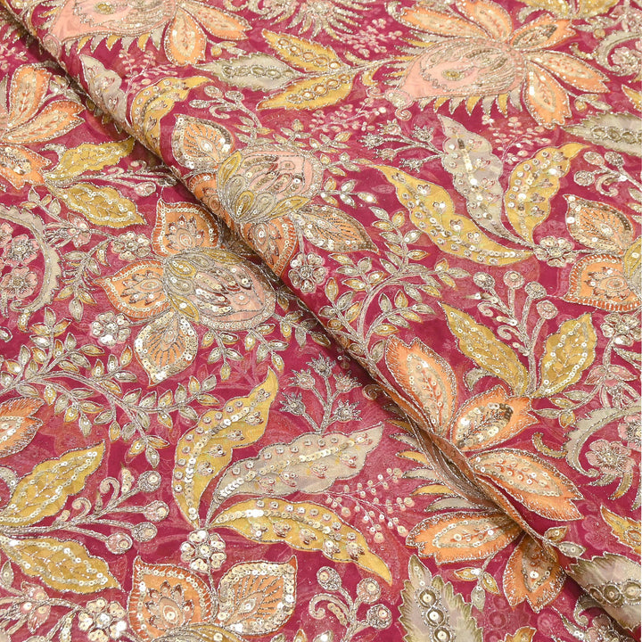 Dyed Viscose Organza Positional Print with Zari & Sequin Embroidery Fabric | V3670C-3