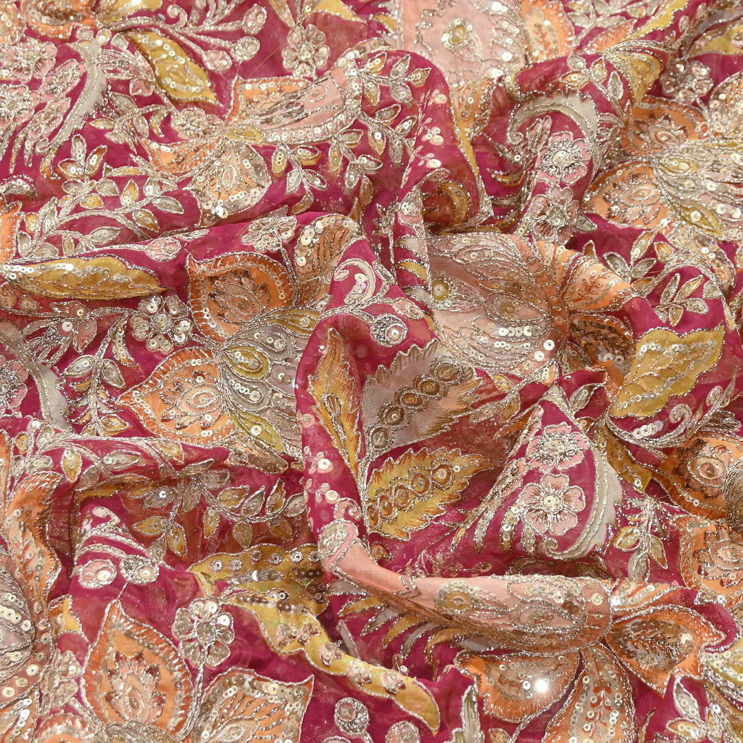 Dyed Viscose Organza Positional Print with Zari & Sequin Embroidery Fabric | V3670C-3