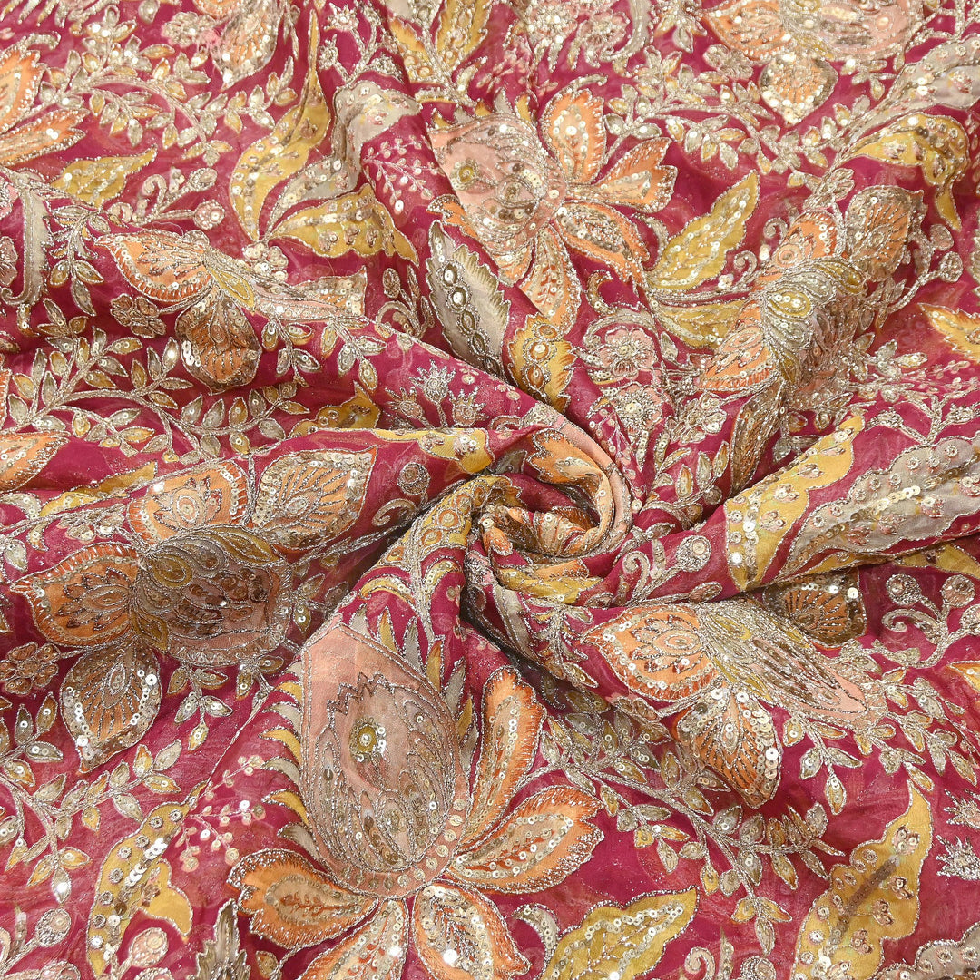 Dyed Viscose Organza Positional Print with Zari & Sequin Embroidery Fabric | V3670C-3