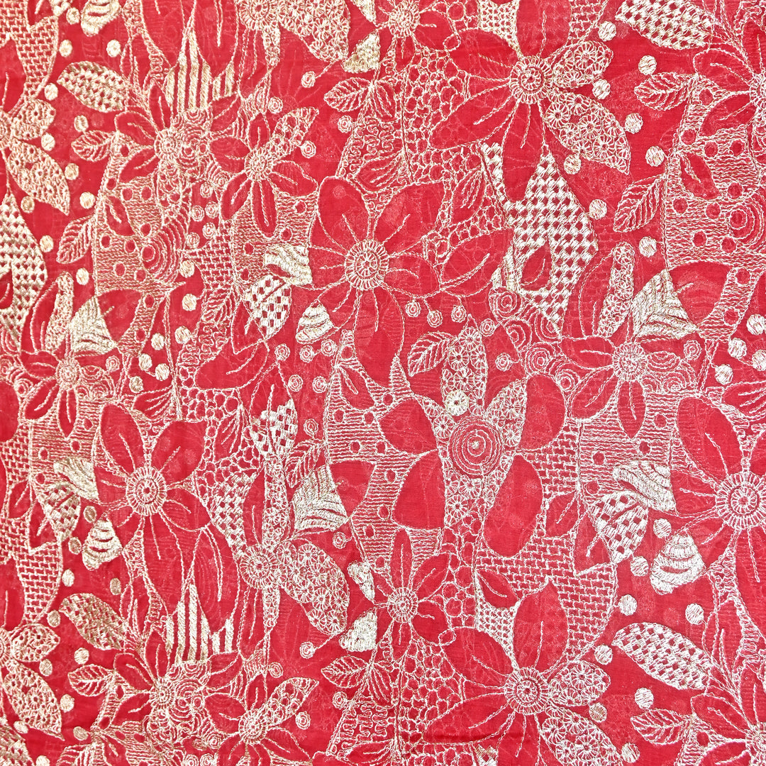 Red Color Mul Chanderi Zari Embroidery Fabric  – Designer Fabric ✨ – V10163B-4