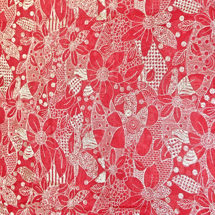 Red Color Mul Chanderi Zari Embroidery Fabric  – Designer Fabric ✨ – V10163B-4