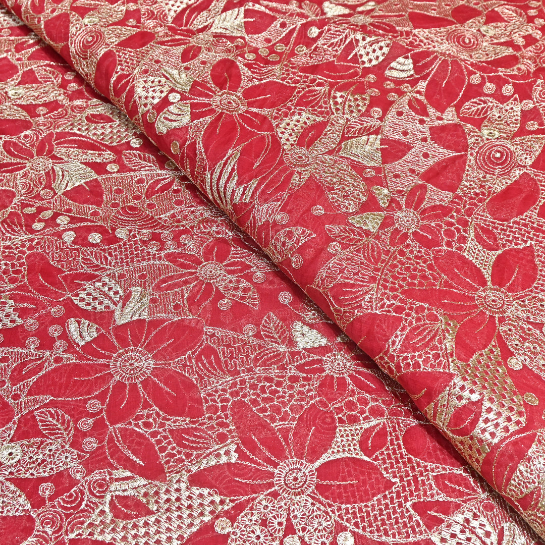 Red Color Mul Chanderi Zari Embroidery Fabric  – Designer Fabric ✨ – V10163B-4