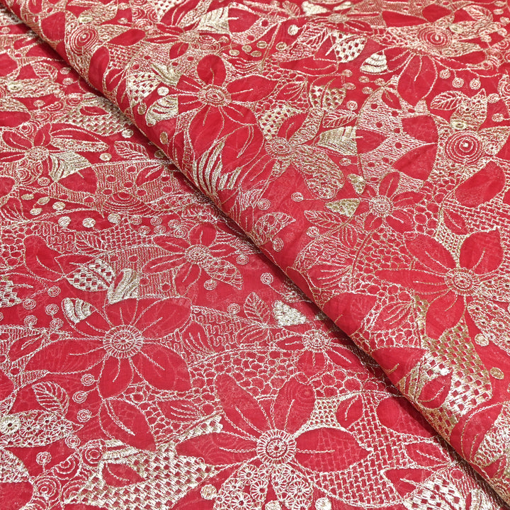Red Color Mul Chanderi Zari Embroidery Fabric  – Designer Fabric ✨ – V10163B-4