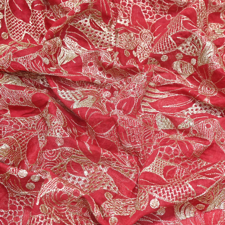 Red Color Mul Chanderi Zari Embroidery Fabric  – Designer Fabric ✨ – V10163B-4