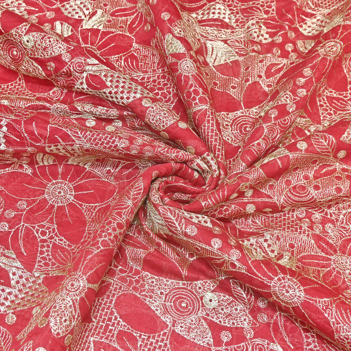 Red Color Mul Chanderi Zari Embroidery Fabric  – Designer Fabric ✨ – V10163B-4