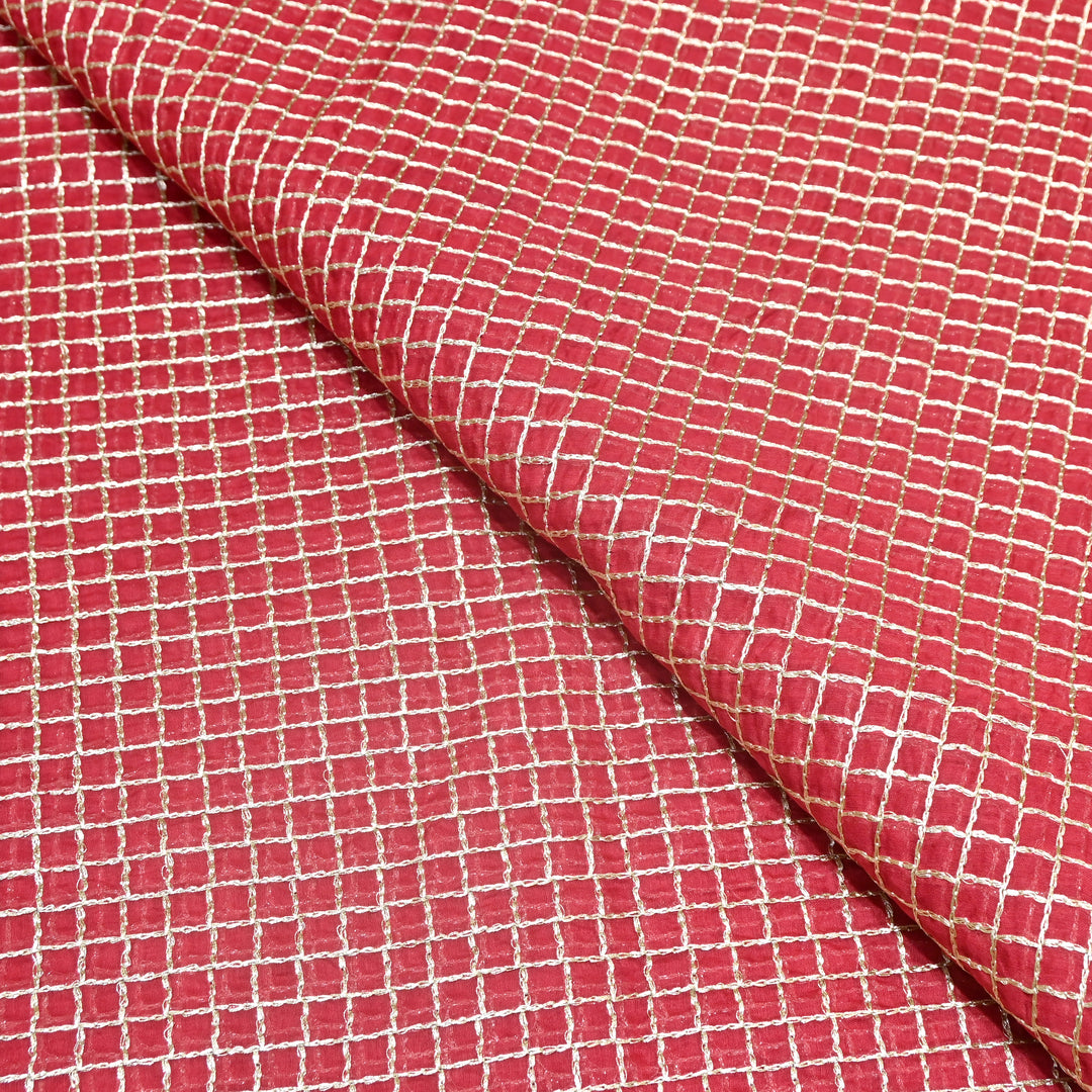 Red Color Mul Chanderi Zari Embroidery Fabric  – Designer Fabric ✨ – V10163B-4