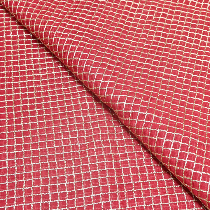 Red Color Mul Chanderi Zari Embroidery Fabric  – Designer Fabric ✨ – V10163B-4