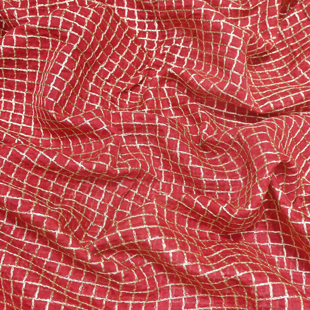 Red Color Mul Chanderi Zari Embroidery Fabric  – Designer Fabric ✨ – V10163B-4