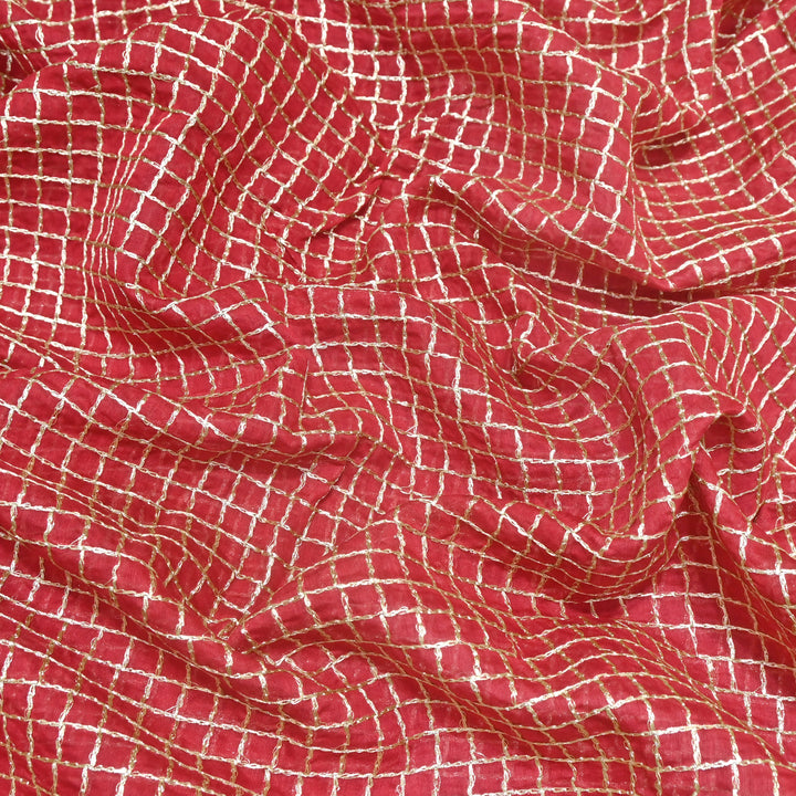 Red Color Mul Chanderi Zari Embroidery Fabric  – Designer Fabric ✨ – V10163B-4