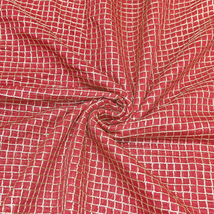 Red Color Mul Chanderi Zari Embroidery Fabric  – Designer Fabric ✨ – V10163B-4