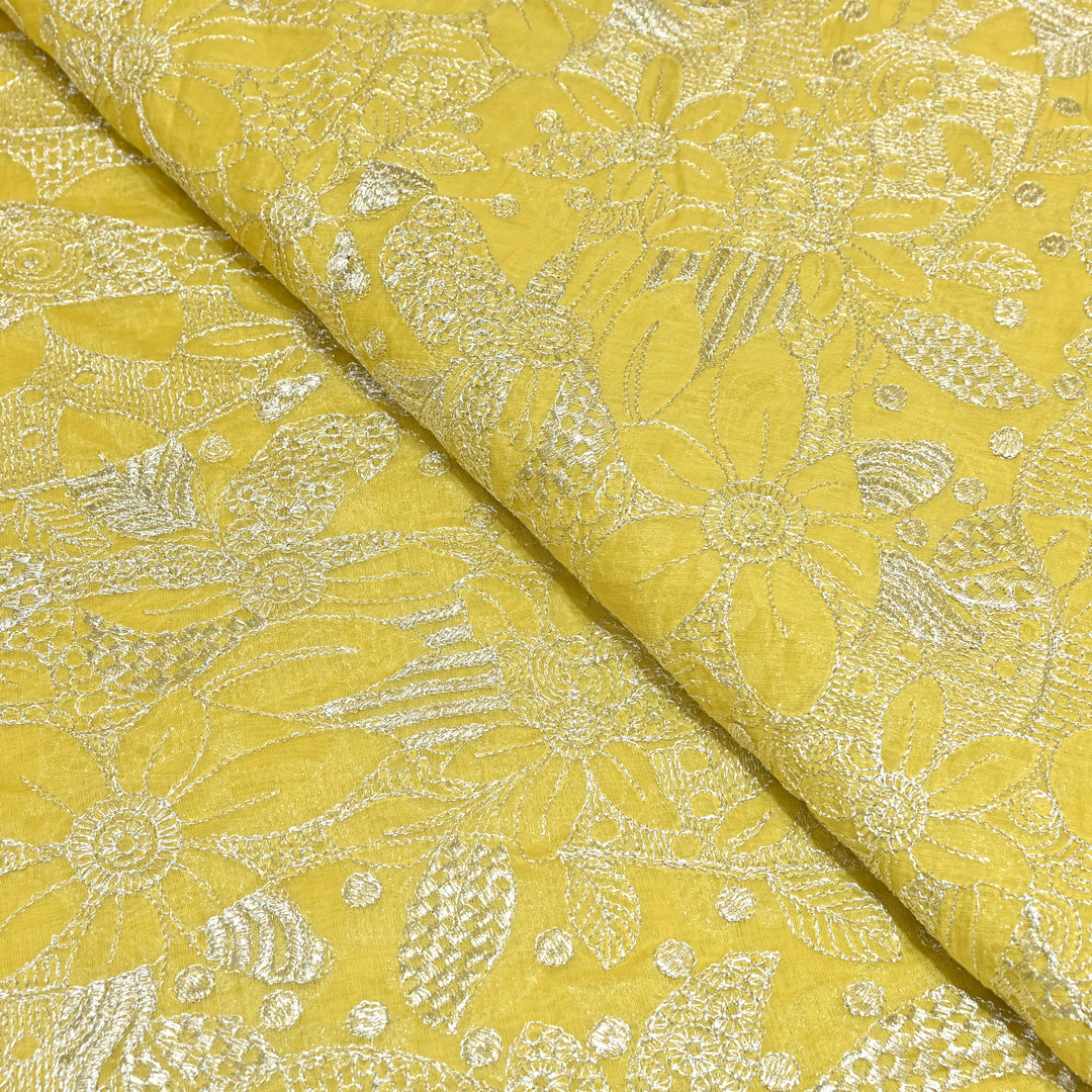 Yellow Color Mul Chanderi Zari Embroidery Fabric  – Designer Fabric ✨ – V10163B-3