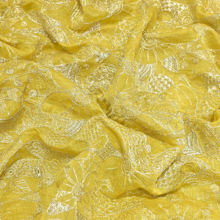 Yellow Color Mul Chanderi Zari Embroidery Fabric  – Designer Fabric ✨ – V10163B-3