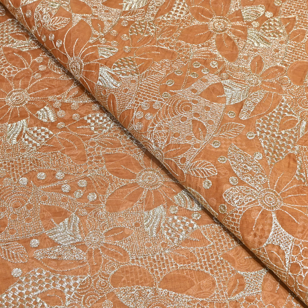 Caramel Brown Color Mul Chanderi Zari Embroidery Fabric  – Designer Fabric ✨ – V10163B-2
