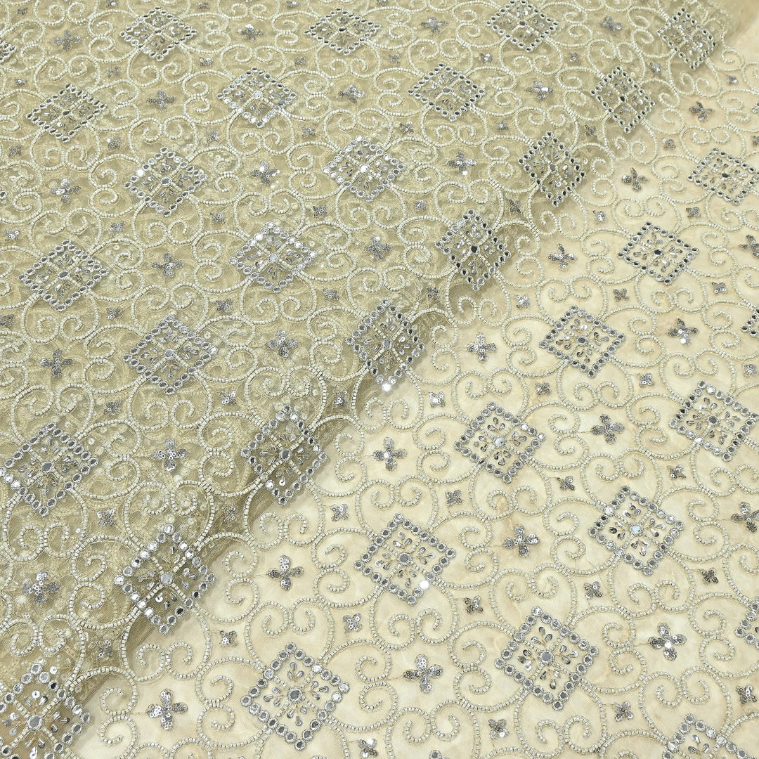 Dyed Net Moti, Mirror & Sequins Embroidery Fabric – Elegant Designer Net Fabric | A11152