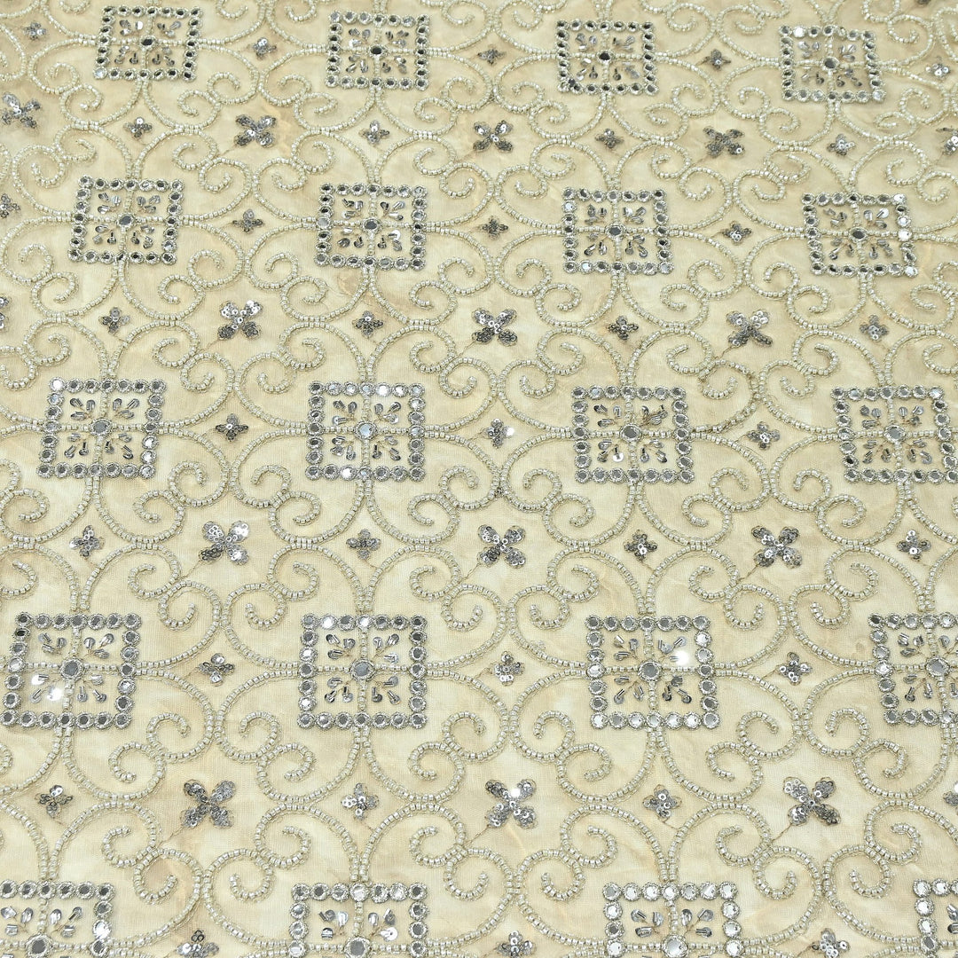 Dyed Net Moti, Mirror & Sequins Embroidery Fabric – Elegant Designer Net Fabric | A11152