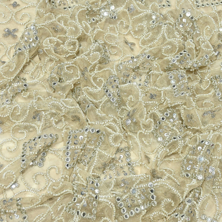 Dyed Net Moti, Mirror & Sequins Embroidery Fabric – Elegant Designer Net Fabric | A11152
