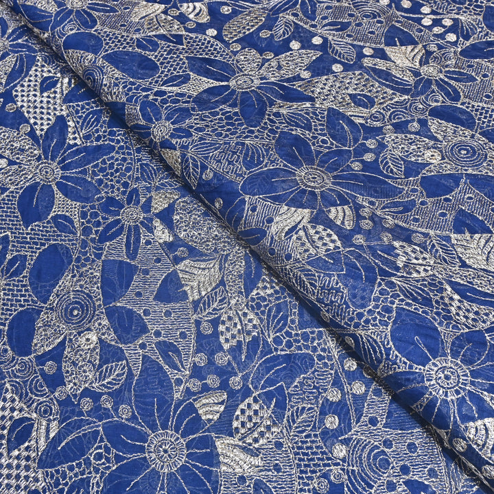 Navy Blue Color Mul Chanderi Zari Embroidery Fabric  – Designer Fabric ✨ – V10163B-1