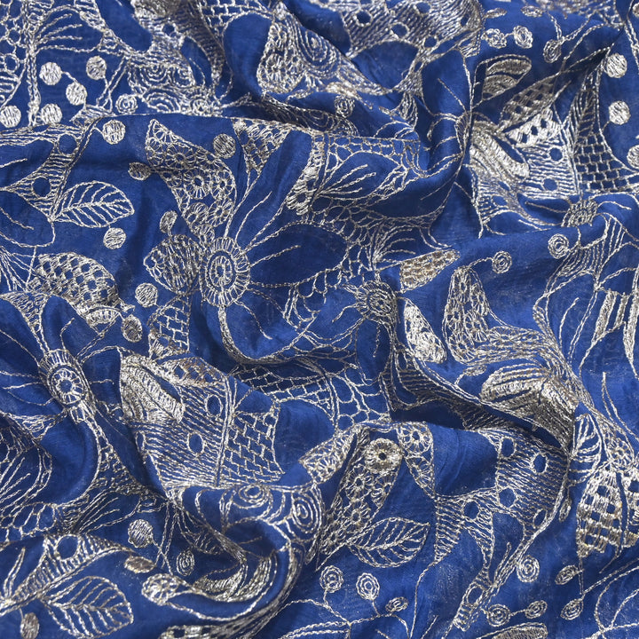 Navy Blue Color Mul Chanderi Zari Embroidery Fabric  – Designer Fabric ✨ – V10163B-1