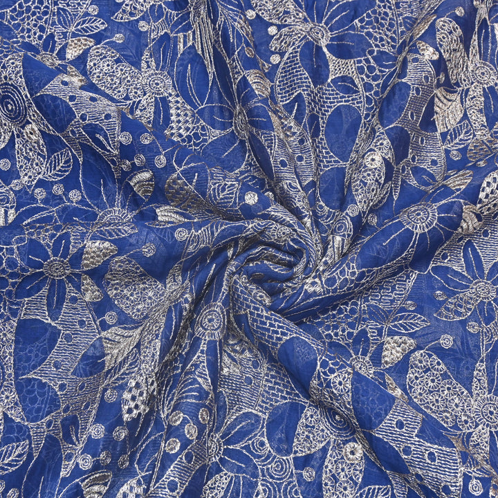Navy Blue Color Mul Chanderi Zari Embroidery Fabric  – Designer Fabric ✨ – V10163B-1