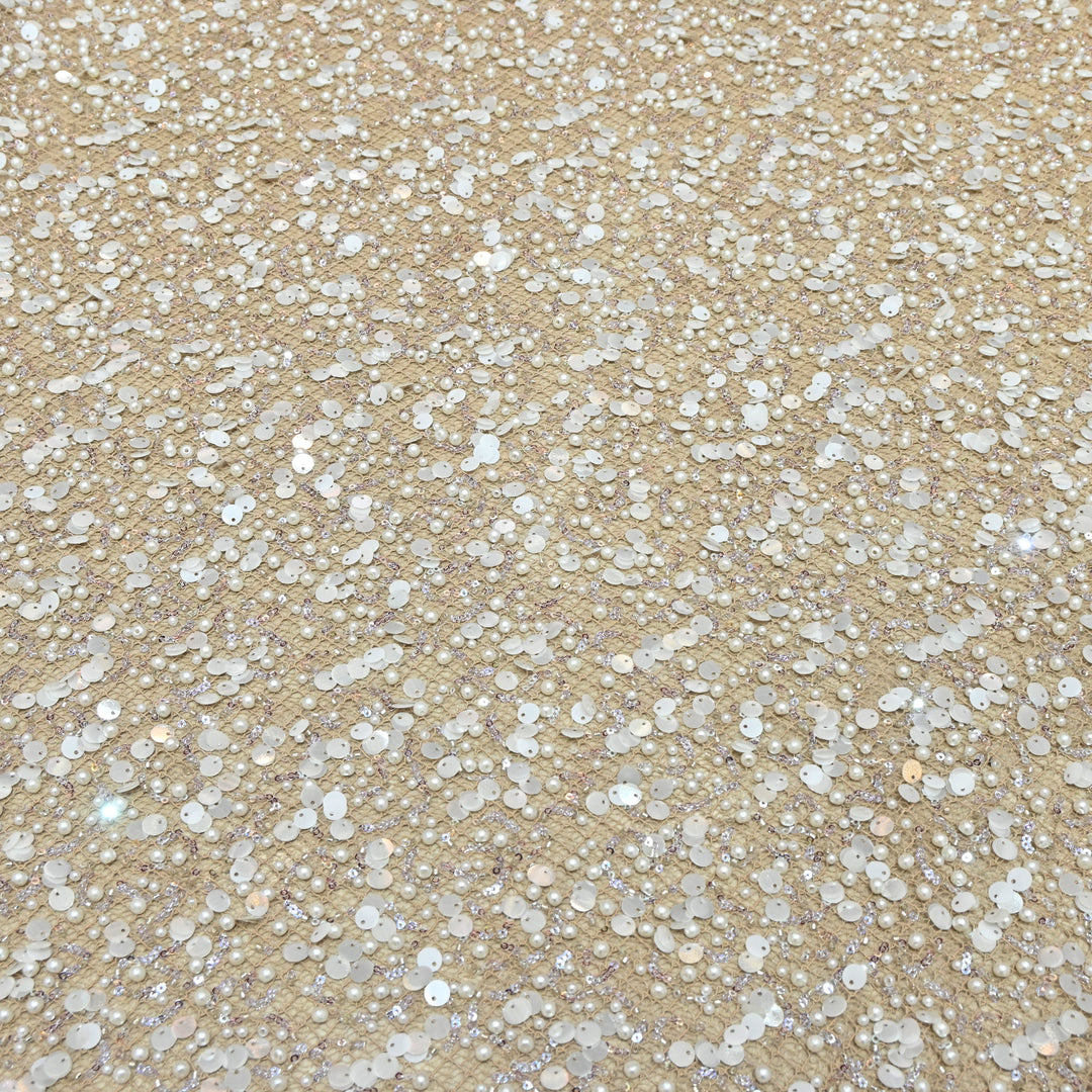 Beige Color Luxury Imported Heavy Pearl & Sequins Embroidered Net Designer Fabric ED1596-1