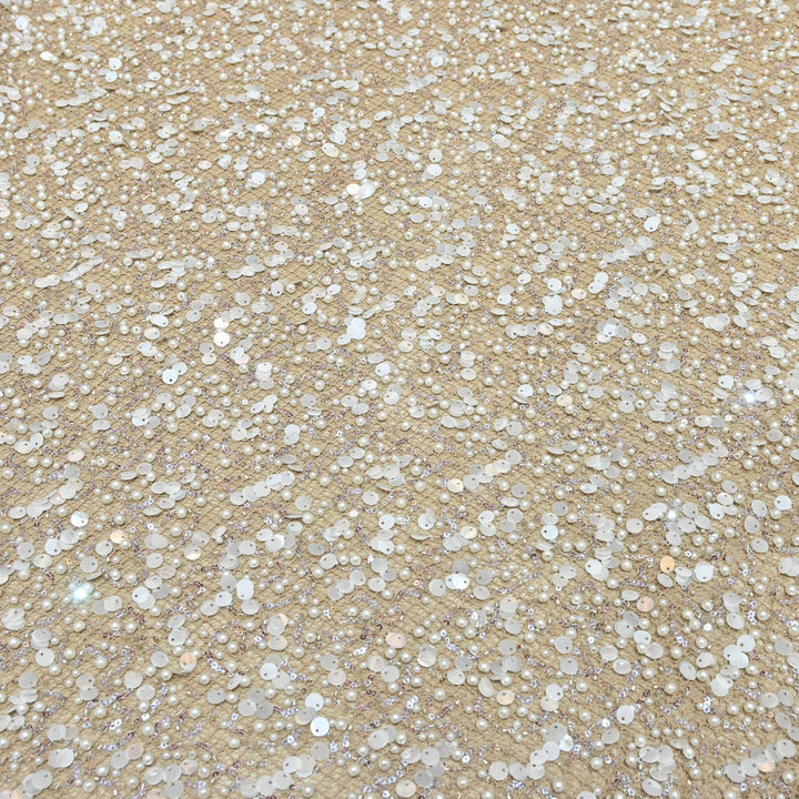 Beige Color Luxury Imported Heavy Pearl & Sequins Embroidered Net Designer Fabric ED1596-1