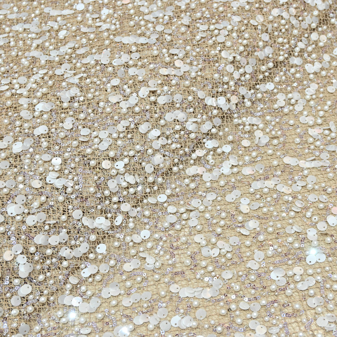 Beige Color Luxury Imported Heavy Pearl & Sequins Embroidered Net Designer Fabric ED1596-1