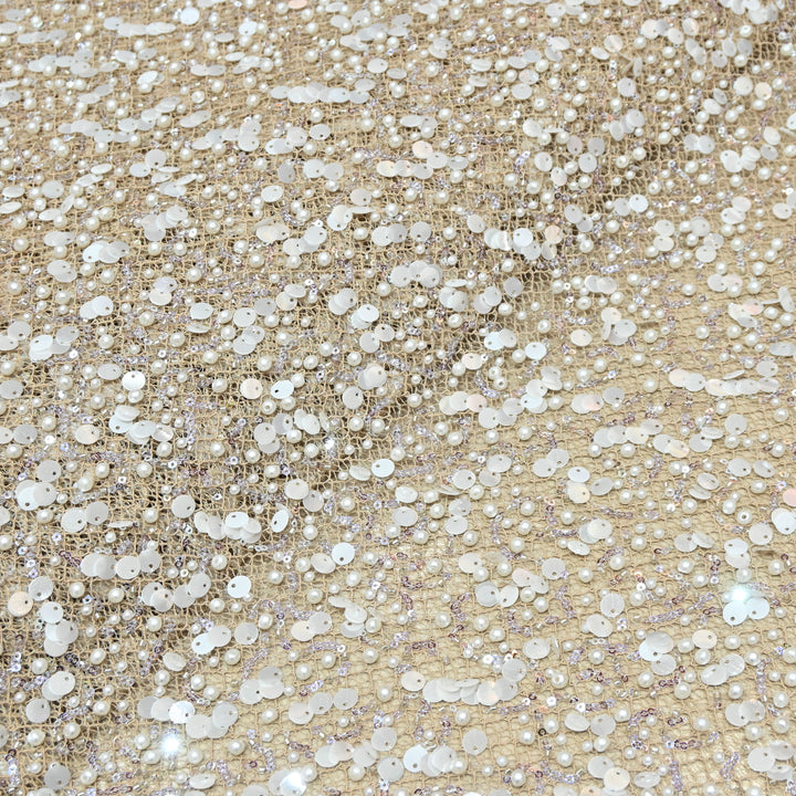 Beige Color Luxury Imported Heavy Pearl & Sequins Embroidered Net Designer Fabric ED1596-1