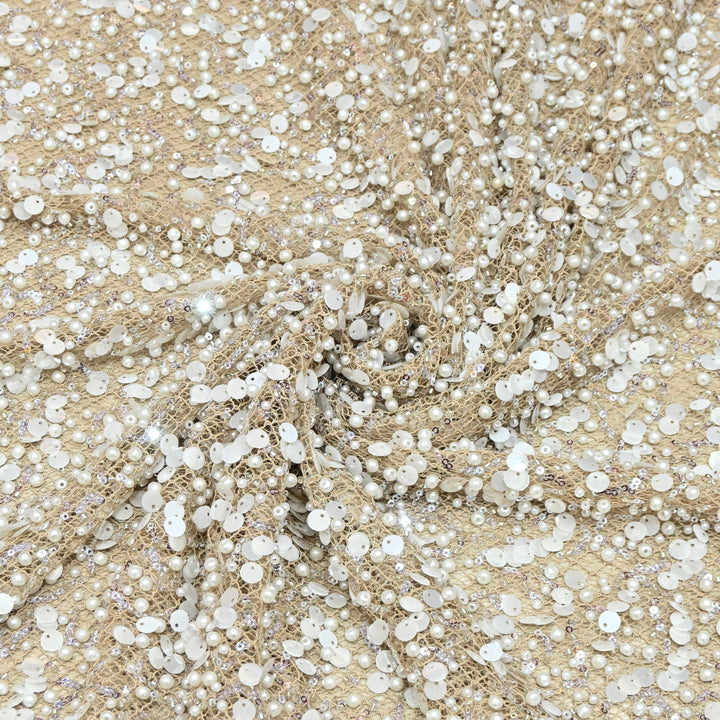Beige Color Luxury Imported Heavy Pearl & Sequins Embroidered Net Designer Fabric ED1596-1