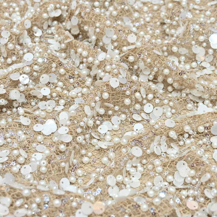 Beige Color Luxury Imported Heavy Pearl & Sequins Embroidered Net Designer Fabric ED1596-1