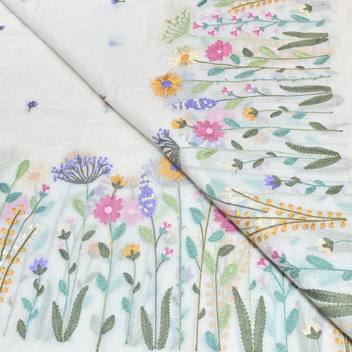 Mul Chanderi Floral Thread Embroidery Fabric – Elegant Buti Designer Fabric V2473C-3