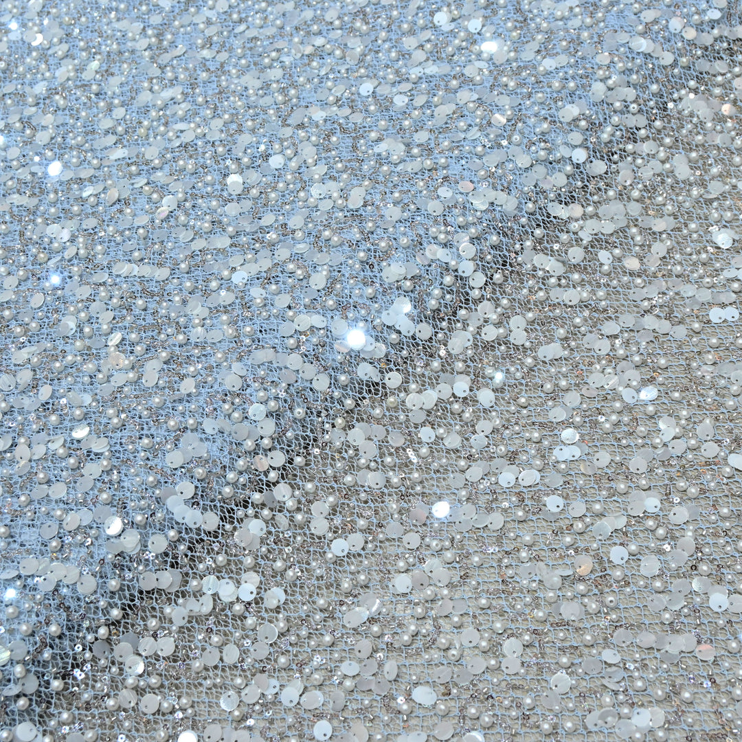 Blue Color Luxury Imported Heavy Pearl & Sequins Embroidered Net Designer Fabric ED1596-2