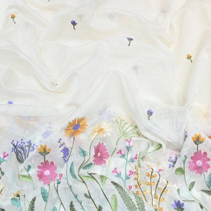 Mul Chanderi Floral Thread Embroidery Fabric – Elegant Buti Designer Fabric V2473C-3
