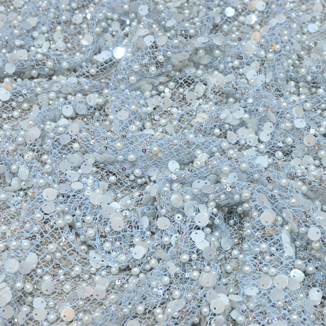 Blue Color Luxury Imported Heavy Pearl & Sequins Embroidered Net Designer Fabric ED1596-2