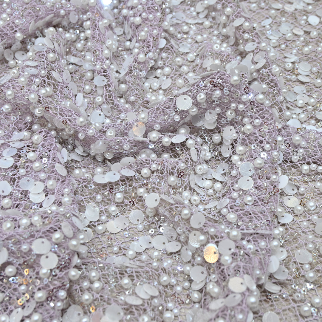 Purple Color Luxury Imported Heavy Pearl & Sequins Embroidered Net Designer Fabric ED1596-3