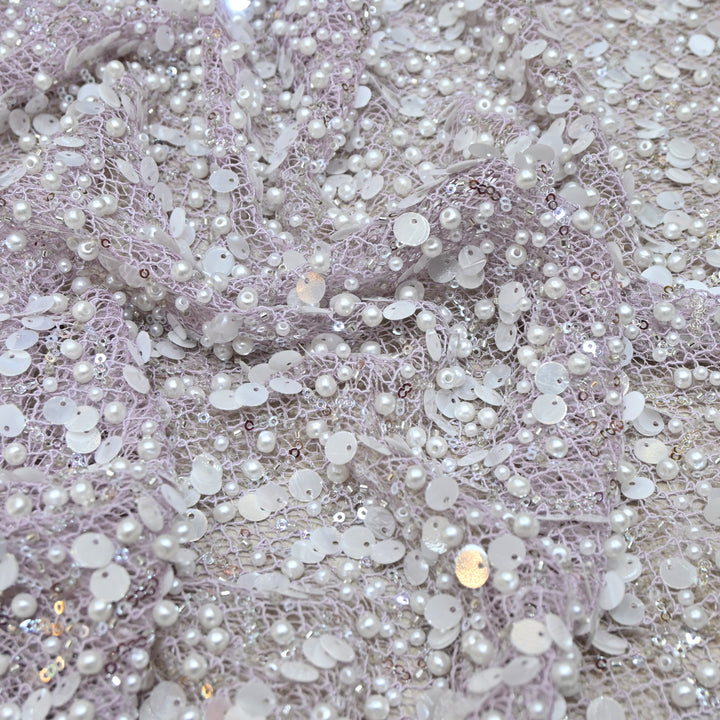Purple Color Luxury Imported Heavy Pearl & Sequins Embroidered Net Designer Fabric ED1596-3