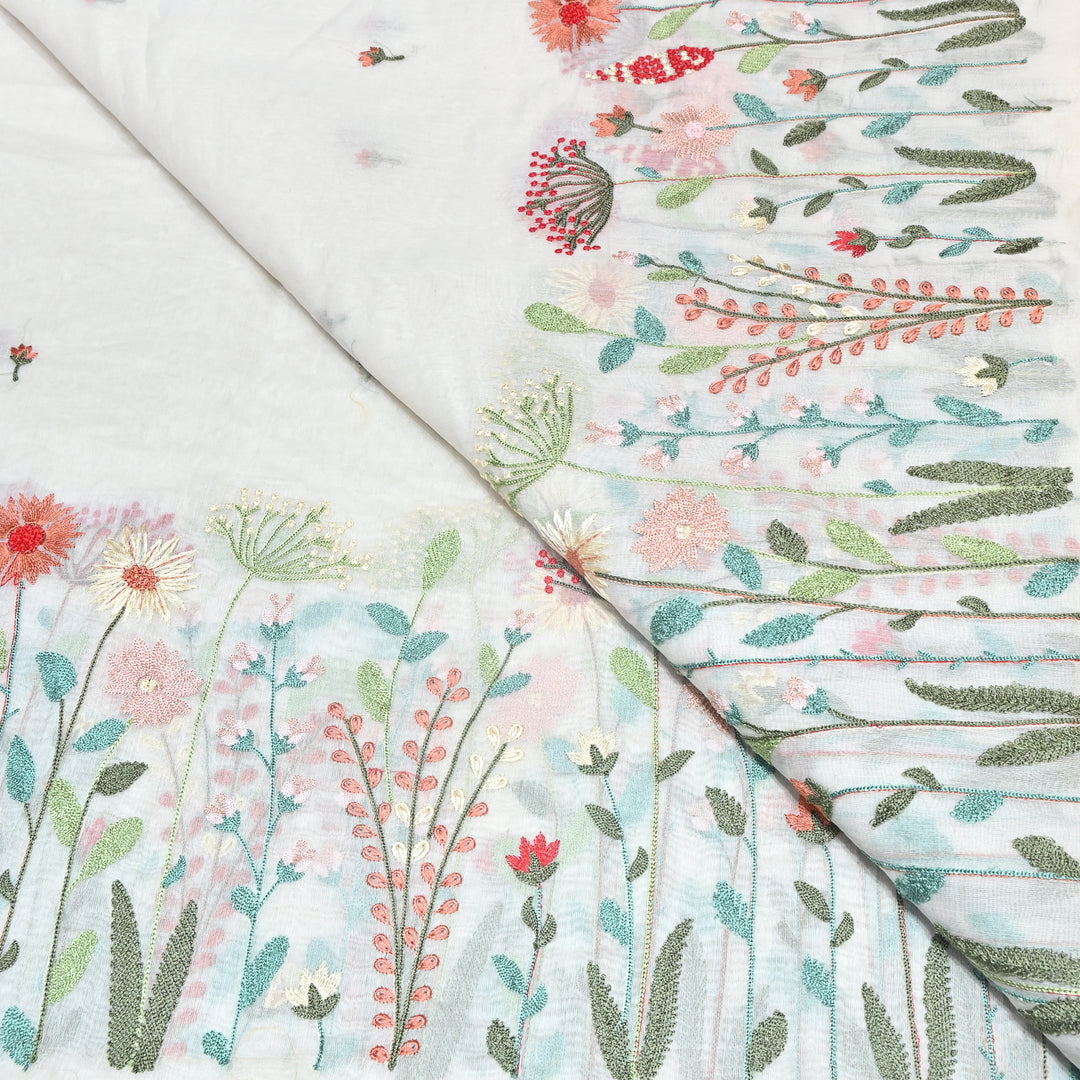 Mul Chanderi Floral Thread Embroidery Fabric – Elegant Buti Designer Fabric V2473C-2