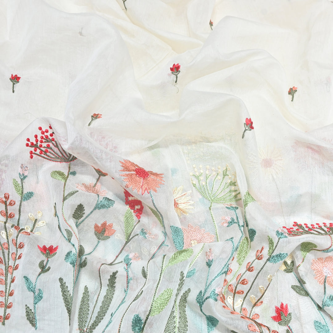 Mul Chanderi Floral Thread Embroidery Fabric – Elegant Buti Designer Fabric V2473C-2