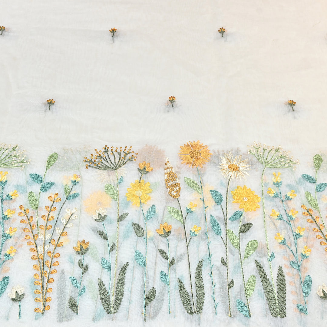Mul Chanderi Floral Thread Embroidery Fabric – Elegant Buti Designer Fabric V2473C-1