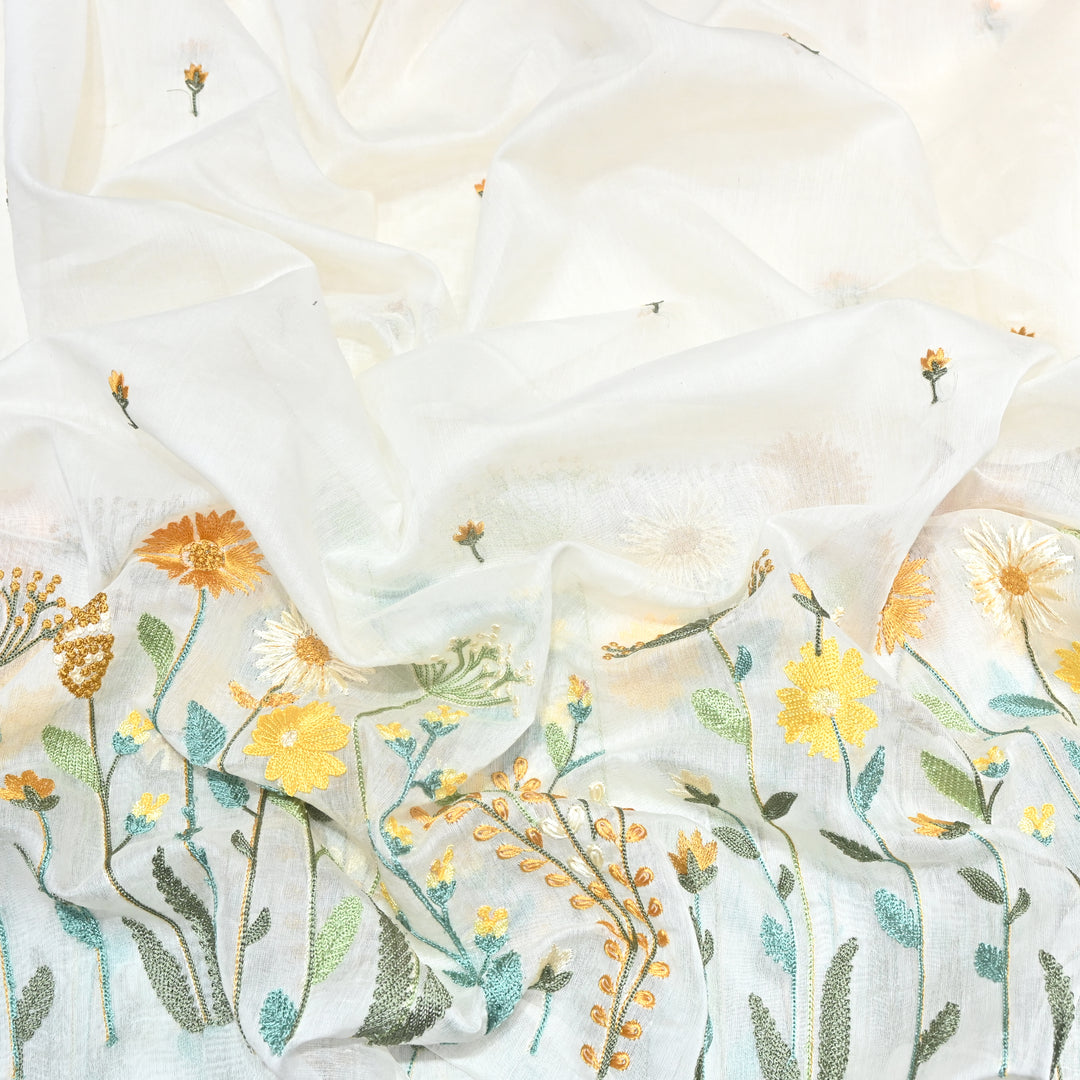 Mul Chanderi Floral Thread Embroidery Fabric – Elegant Buti Designer Fabric V2473C-1