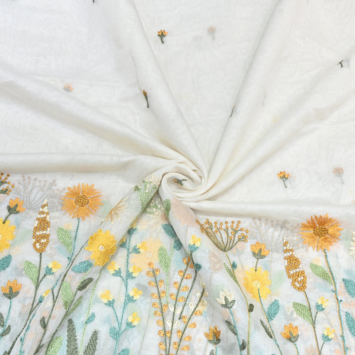 Mul Chanderi Floral Thread Embroidery Fabric – Elegant Buti Designer Fabric V2473C-1