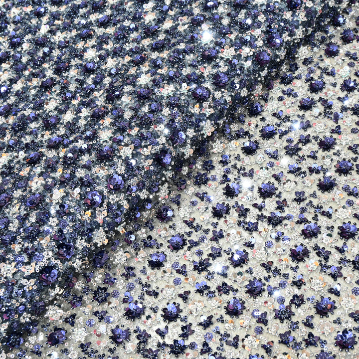 Blue Color Luxury Imported Heavy Cut Dana & Sequins Embroidered Net Designer Fabric ED1533-4