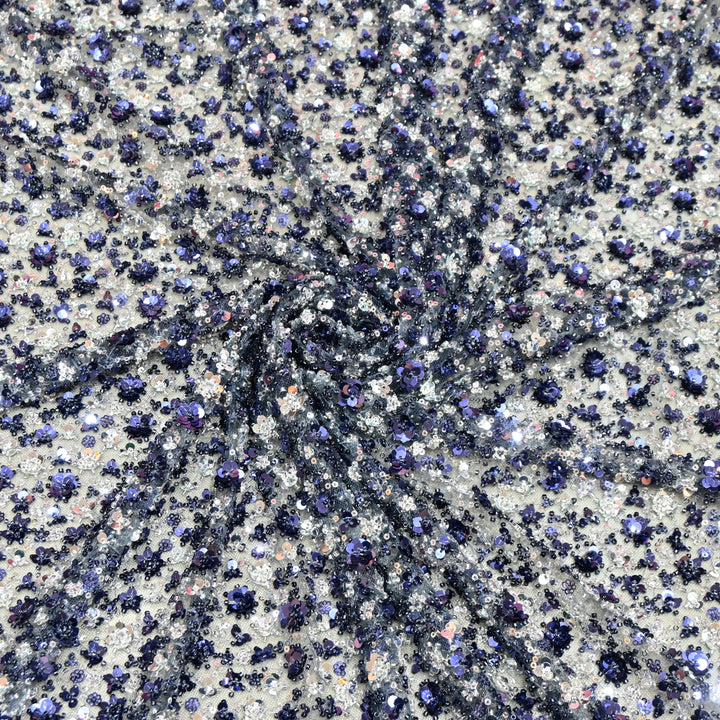 Blue Color Luxury Imported Heavy Cut Dana & Sequins Embroidered Net Designer Fabric ED1533-4