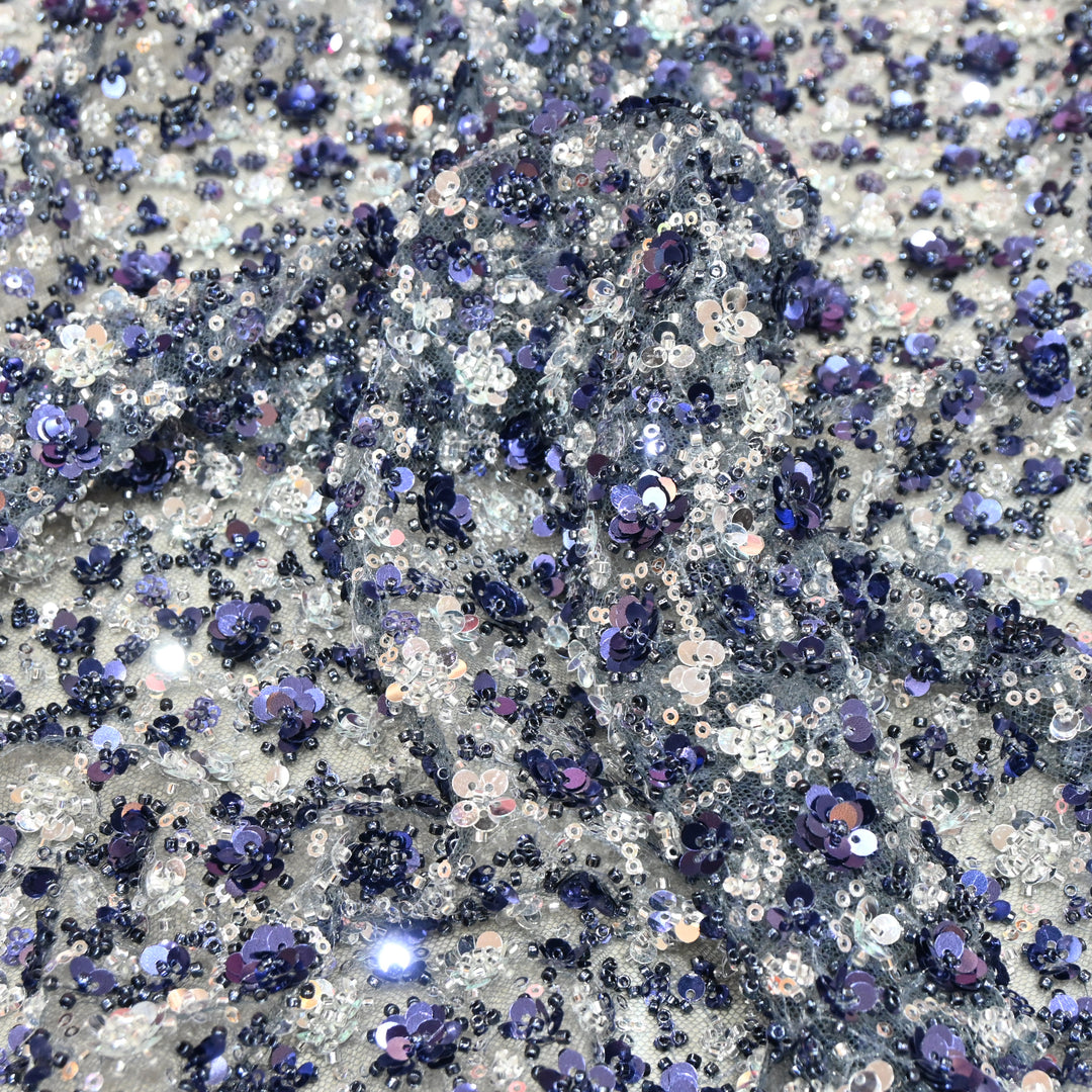 Blue Color Luxury Imported Heavy Cut Dana & Sequins Embroidered Net Designer Fabric ED1533-4