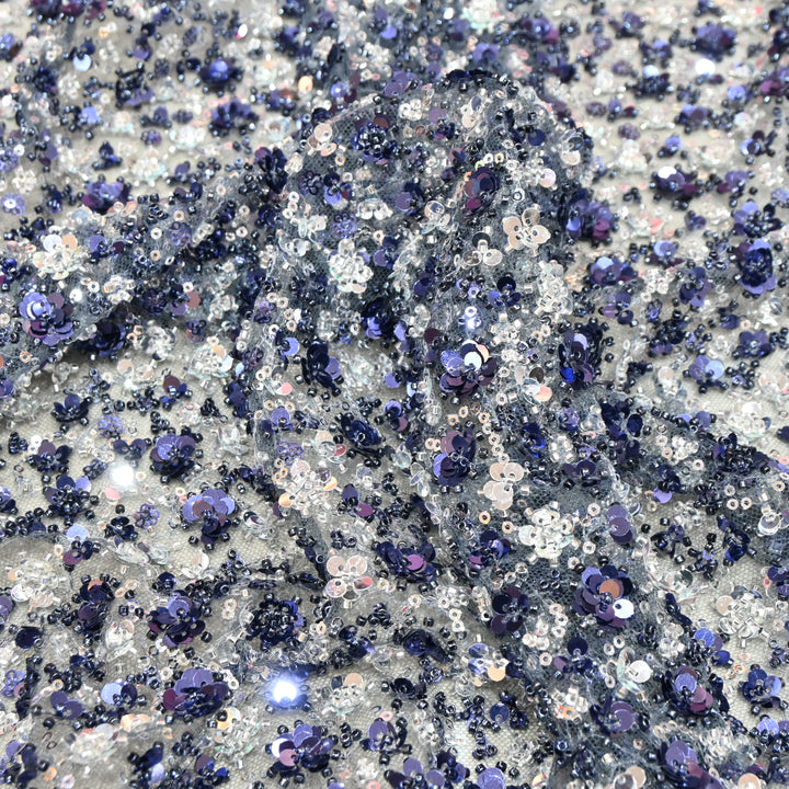 Blue Color Luxury Imported Heavy Cut Dana & Sequins Embroidered Net Designer Fabric ED1533-4